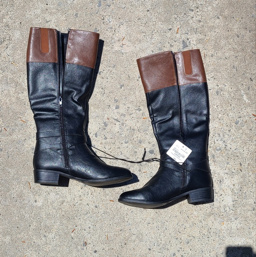 a.n.a Torrance Size 8 Women Knee High Heeled Boots Black/ Cognac